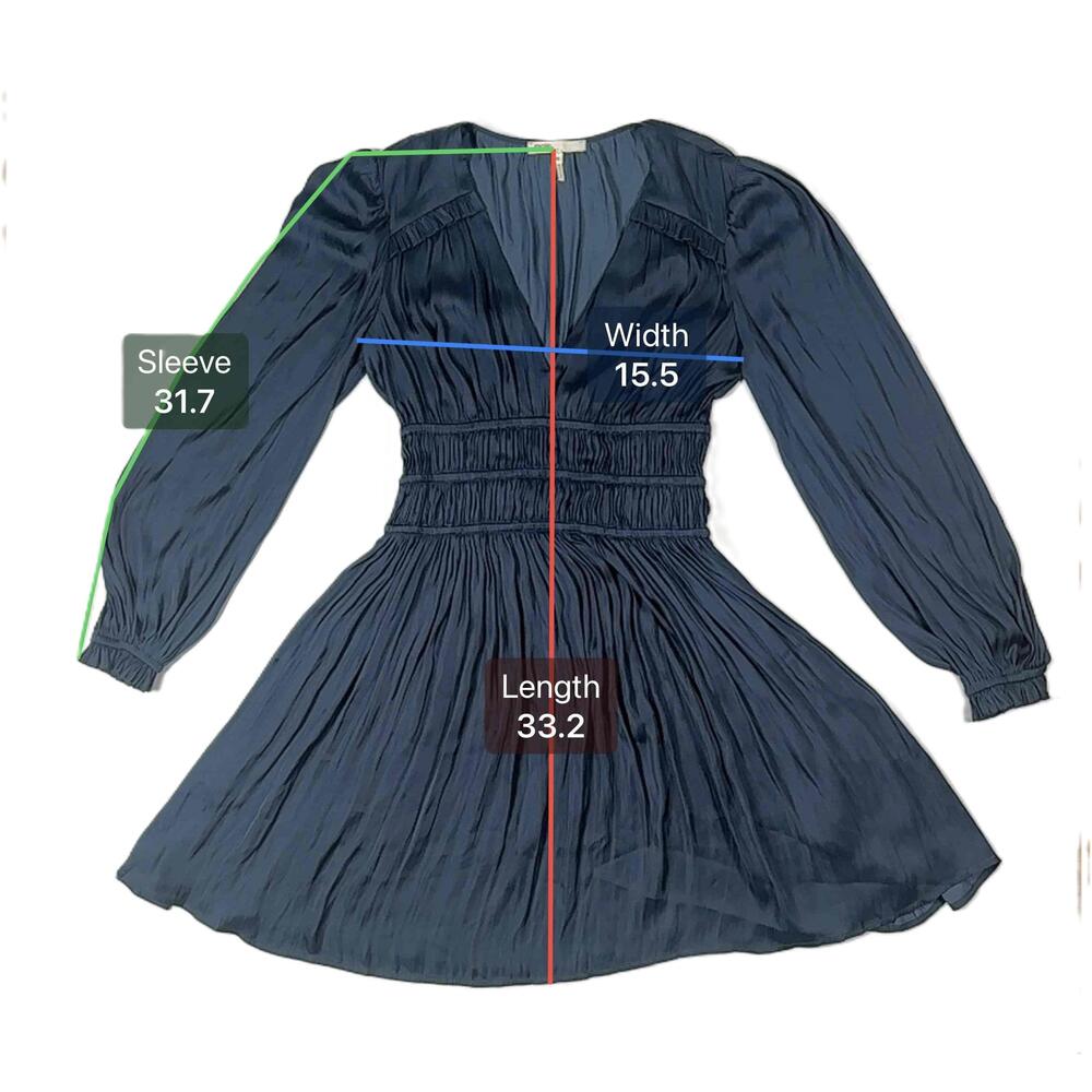 Maje Rianne Navy Satin Mini Dress Ruffled V Neck Long Sleeve Size 36 US 4 - Picture 6 of 9